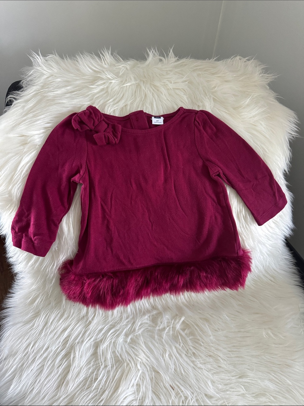 Janie and Jack Burgundy Long-Sleeve Top with Faux-Fur Hem and Shoulder Bow